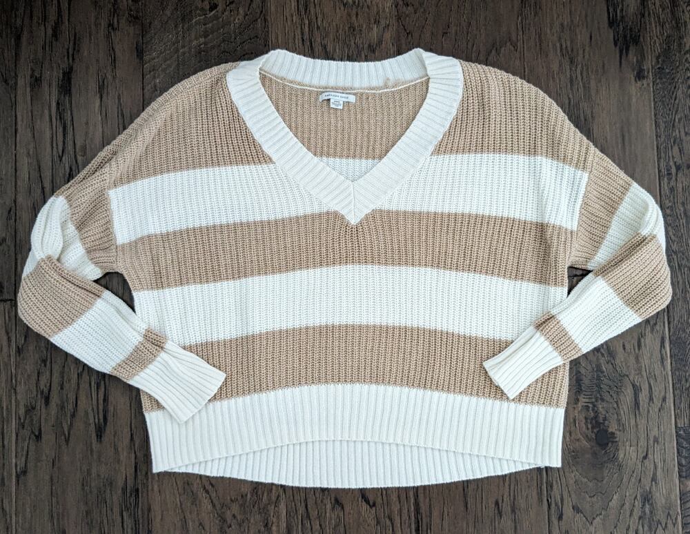 American Eagle Striped Oversized V Neck Knit Sweater